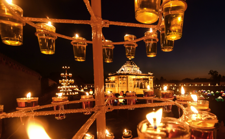 Akshardham temple in Gujarat's Gandhinagar was beautifully decorated on the occasion of Diwali on Tuesday. PTI Akshardham temple in Gujarat's Gandhinagar was beautifully decorated on the occasion of Diwali on Tuesday. PTI